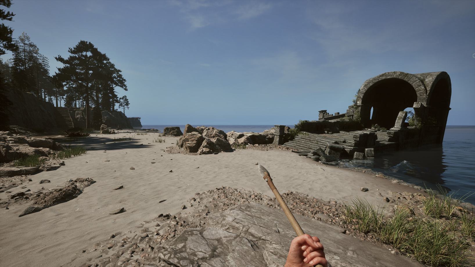 The shoreline of Anna's island, with the ruins and the water she cannot cross without a bridge