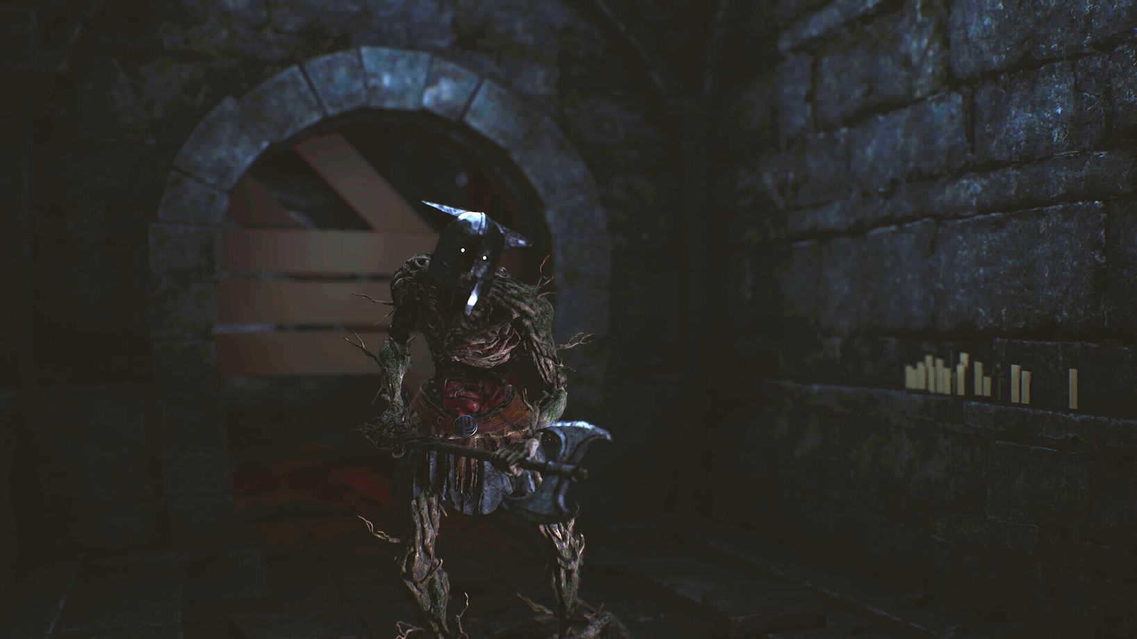 A dark stone room with a figure lit by glowing eyes