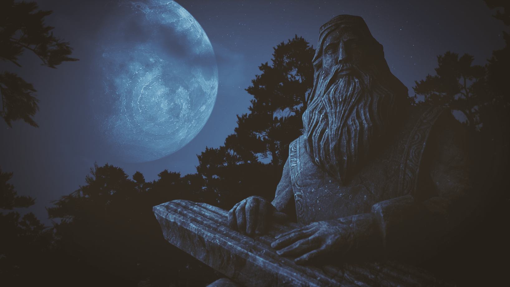 A snowy moonlit forest clearing in Among the Trolls
