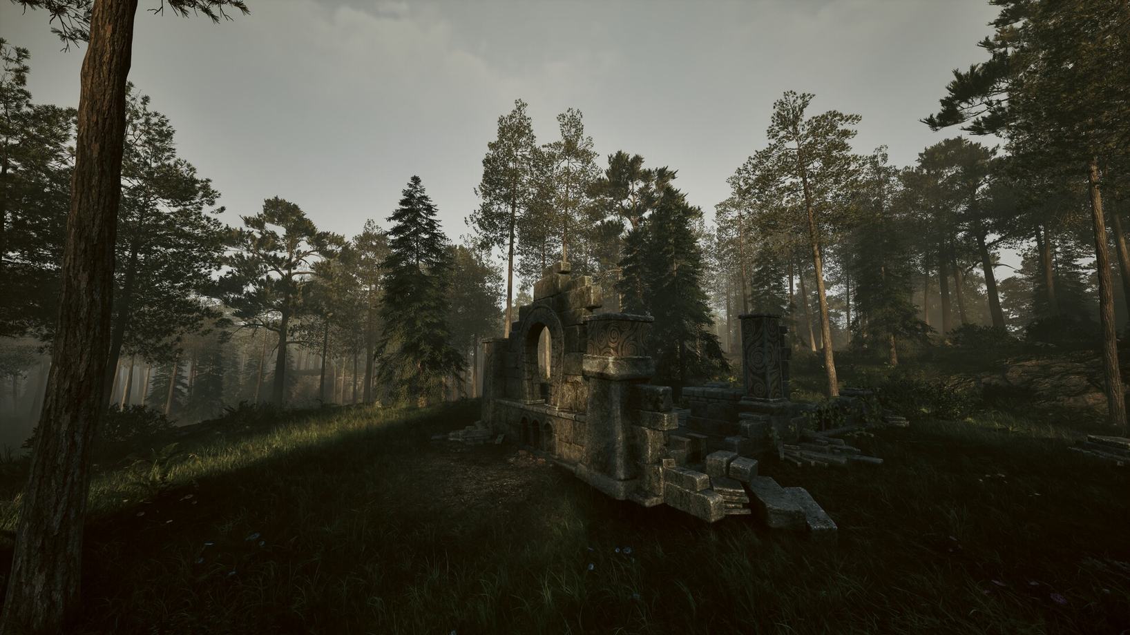 An ancient stone ruin standing among the trees