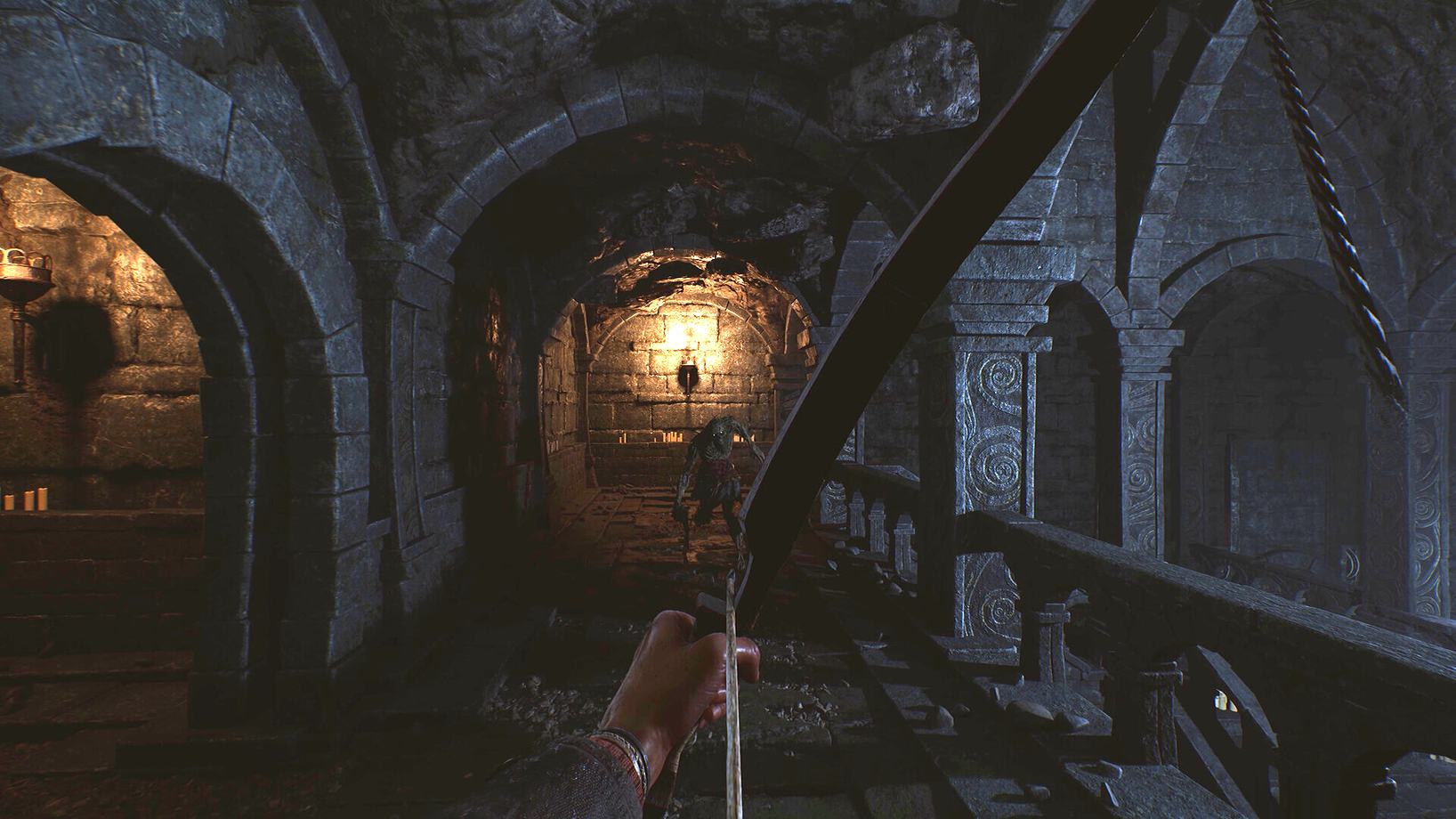 A stone vault interior with a rope ladder in Among the Trolls
